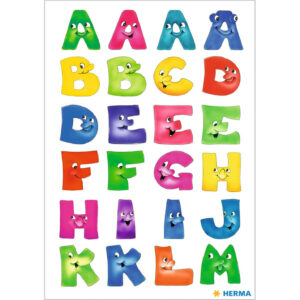 Stickervelletjes met 48x stuks plak letters A-Z gekleurde letters met gezichtjes 28 mm 10330776