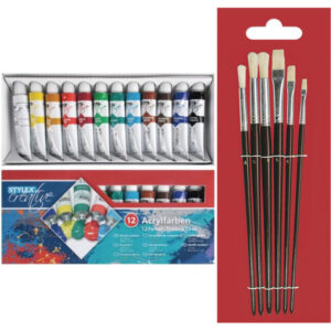 Toppoint set van 12 tubes acrylverf voor kinderen met 6 schilder penselen 10241812